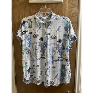 Jane + Delancey White Blue Sea Life Print Short Sleeve Button Blouse L Light